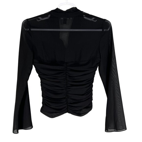 JS Boutique Womens 8 Ruched Black Long Bell Sleeve Blouse Coquette Vampy Top - Picture 8 of 16